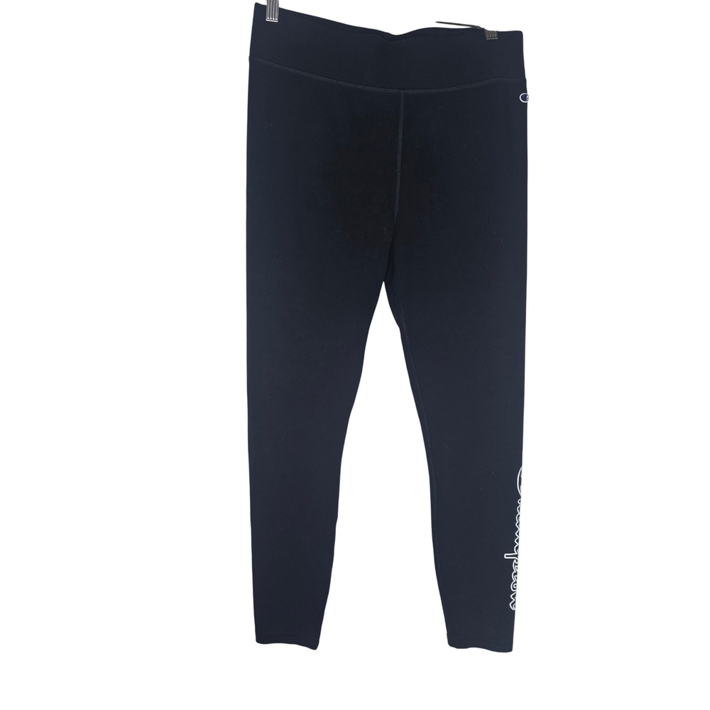 Champion Script Logo Leggings Women Large Black Cotton Blend Athleisure Sporty - Picture 2 of 5
